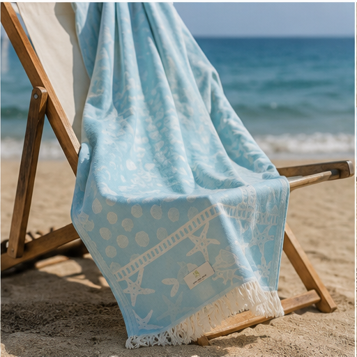 SunKiss Dubai Turkish Beach Towel – Sea Life Starfish Sky Blue | 100 x 80 cm Cotton Towel