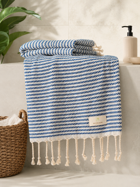 Turkish Cotton Hand Towel Blue Stripes 45x90cm | Soft & Quick-Dry | SunKiss Dubai