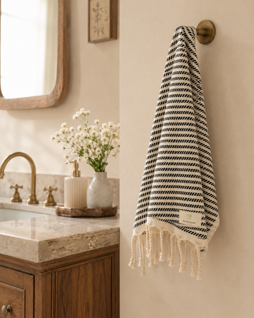 Turkish Cotton Hand Towel Black Stripes 45x90cm | Soft & Quick-Dry | SunKiss Dubai