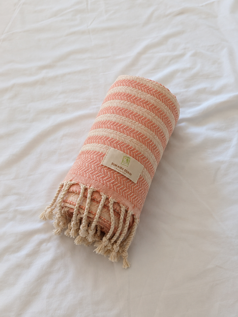 Turkish Cotton Hand Towel Peach Stripes 45x90cm | Soft & Quick-Dry | SunKiss Dubai