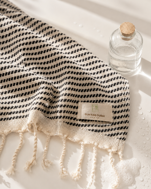 Turkish Cotton Hand Towel Black Stripes 45x90cm | Soft & Quick-Dry | SunKiss Dubai