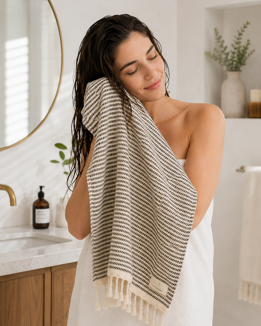 Turkish Cotton Hand Towel Black Stripes 45x90cm | Soft & Quick-Dry | SunKiss Dubai