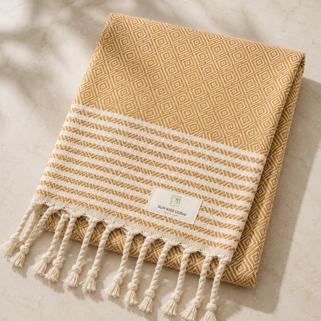 Turkish Cotton Hand Towel Yellow Stripes 45x90cm | Soft & Quick-Dry | SunKiss Dubai