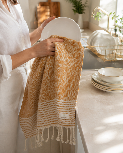 Turkish Cotton Hand Towel Mustard Stripes 45x90cm | Soft & Quick-Dry | SunKiss Dubai