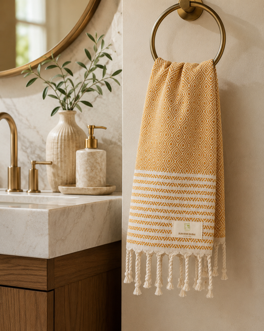 Turkish Cotton Hand Towel Yellow Stripes 45x90cm | Soft & Quick-Dry | SunKiss Dubai