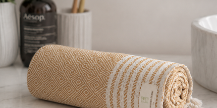 Turkish Cotton Hand Towel Mustard Stripes 45x90cm | Soft & Quick-Dry | SunKiss Dubai