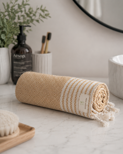 Turkish Cotton Hand Towel Mustard Stripes 45x90cm | Soft & Quick-Dry | SunKiss Dubai