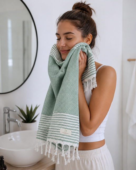 Turkish Cotton Hand Towel Green Zig-Zag 45x90cm | Soft & Quick-Dry | SunKiss Dubai