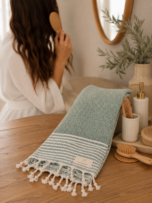 Turkish Cotton Hand Towel Green Zig-Zag 45x90cm | Soft & Quick-Dry | SunKiss Dubai
