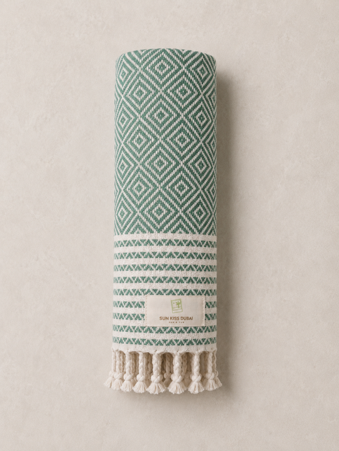 Turkish Cotton Hand Towel Green Zig-Zag 45x90cm | Soft & Quick-Dry | SunKiss Dubai