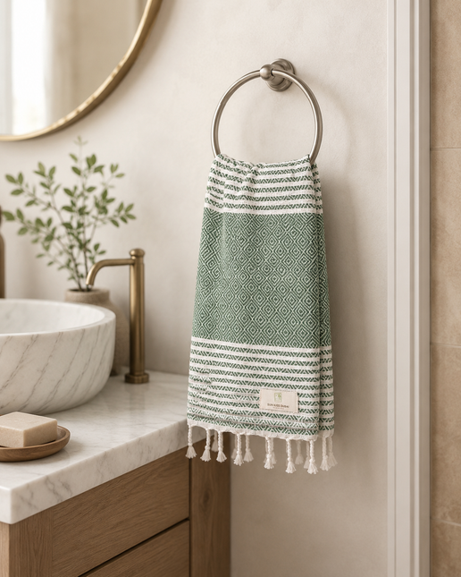 Turkish Cotton Hand Towel Green Zig-Zag 45x90cm | Soft & Quick-Dry | SunKiss Dubai