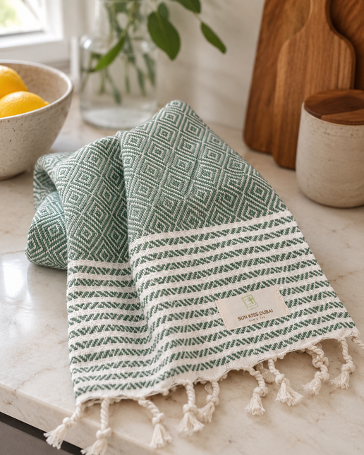 Turkish Cotton Hand Towel Green Zig-Zag 45x90cm | Soft & Quick-Dry | SunKiss Dubai