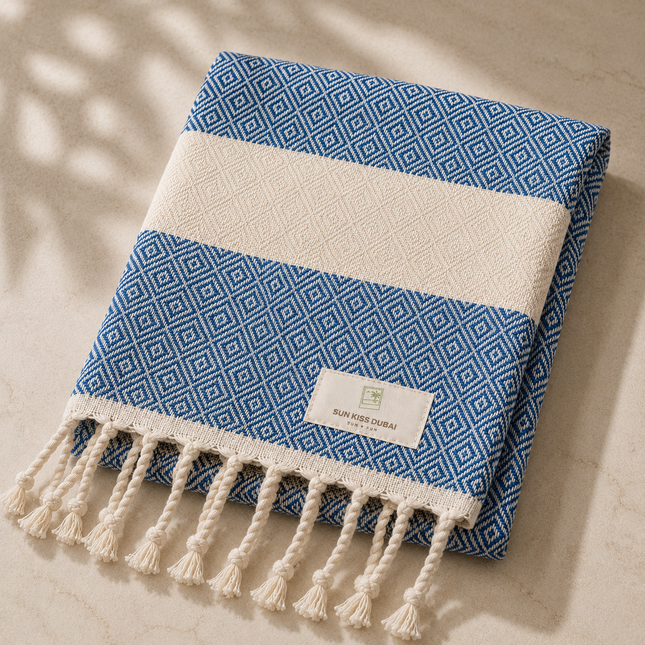 Turkish Cotton Hand Towel Navy Blue Zig-Zag 45x90cm | Soft & Quick-Dry | SunKiss Dubai