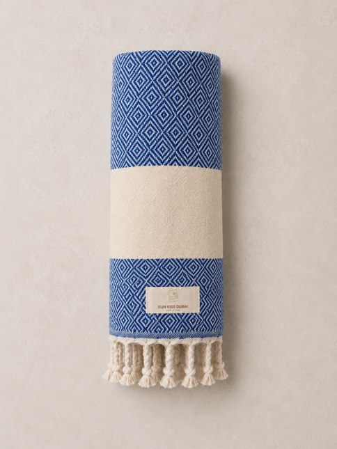 Turkish Cotton Hand Towel Navy Blue Zig-Zag 45x90cm | Soft & Quick-Dry | SunKiss Dubai