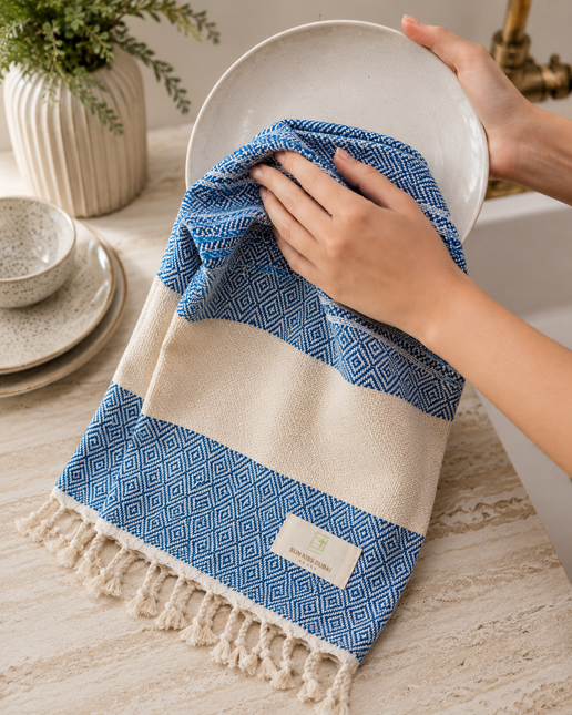 Turkish Cotton Hand Towel Navy Blue Zig-Zag 45x90cm | Soft & Quick-Dry | SunKiss Dubai