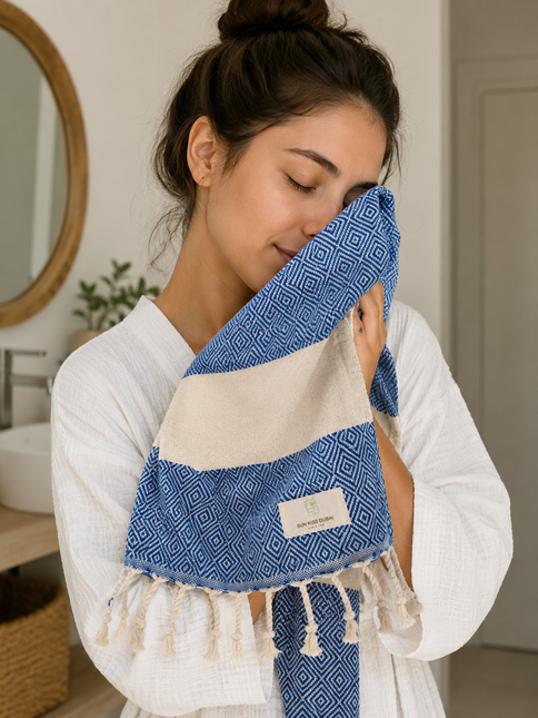 Turkish Cotton Hand Towel Navy Blue Zig-Zag 45x90cm | Soft & Quick-Dry | SunKiss Dubai
