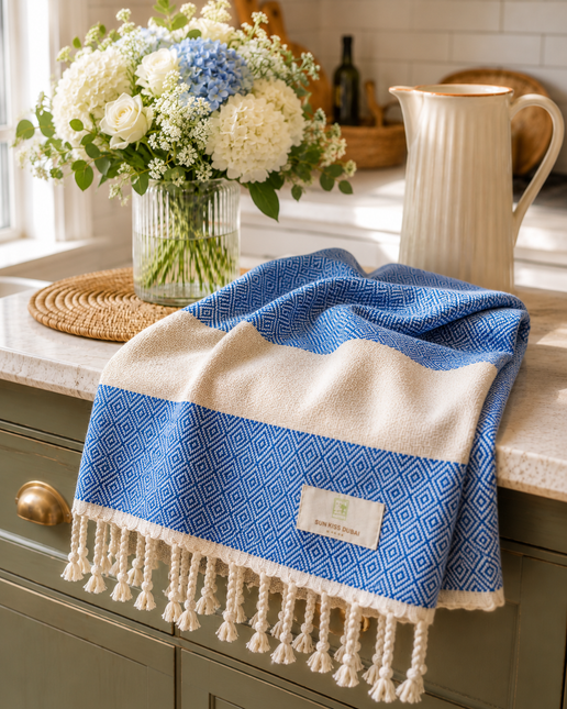 Turkish Cotton Hand Towel Navy Blue Zig-Zag 45x90cm | Soft & Quick-Dry | SunKiss Dubai