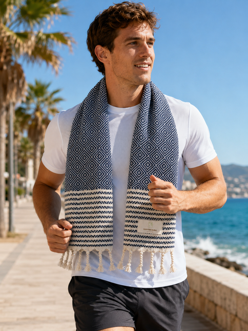 Turkish Cotton Hand Towel Blue Zig-Zag 45x90cm | Soft & Quick-Dry | SunKiss Dubai