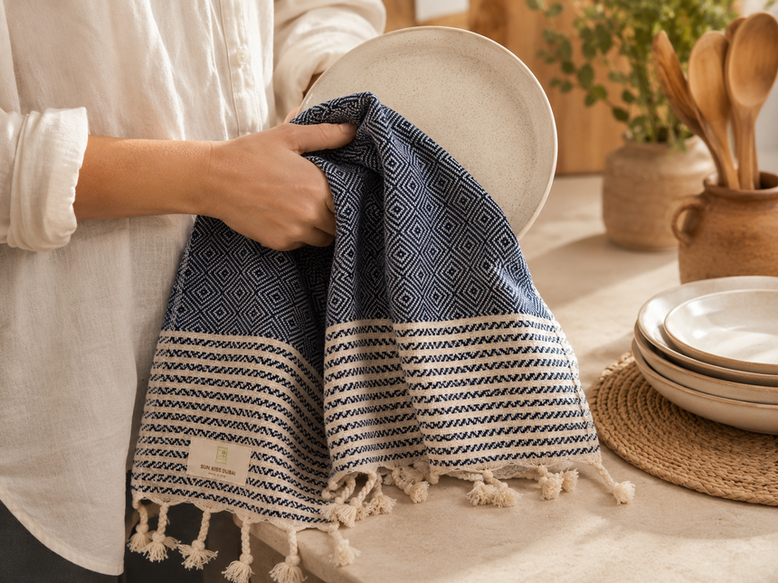 Turkish Cotton Hand Towel Blue Zig-Zag 45x90cm | Soft & Quick-Dry | SunKiss Dubai