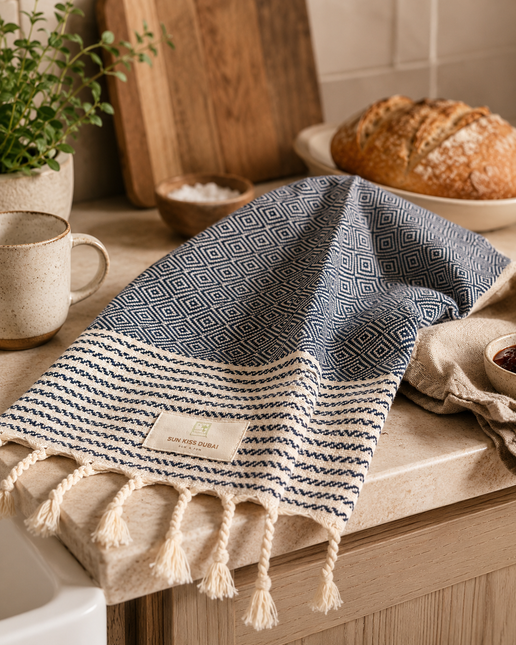 Turkish Cotton Hand Towel Blue Zig-Zag 45x90cm | Soft & Quick-Dry | SunKiss Dubai