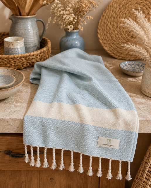 Turkish Cotton Hand Towel Baby Blue Stripes 45x90cm | Soft & Quick-Dry | SunKiss Dubai