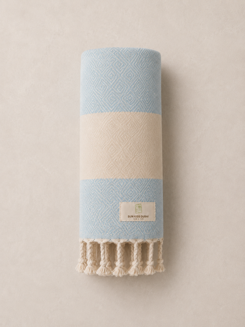Turkish Cotton Hand Towel Baby Blue Stripes 45x90cm | Soft & Quick-Dry | SunKiss Dubai