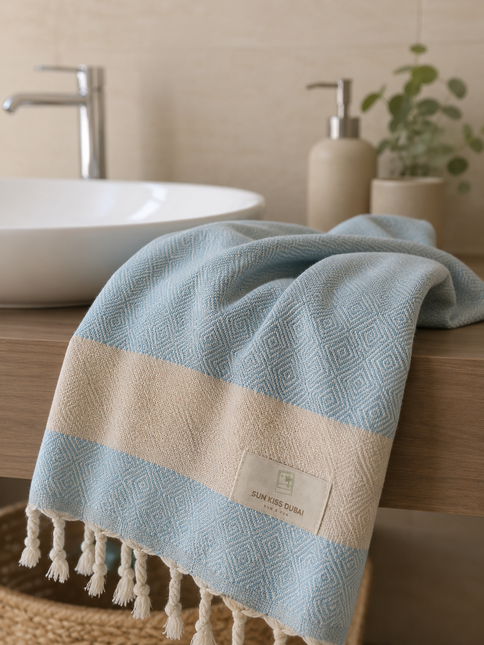 Turkish Cotton Hand Towel Baby Blue Stripes 45x90cm | Soft & Quick-Dry | SunKiss Dubai