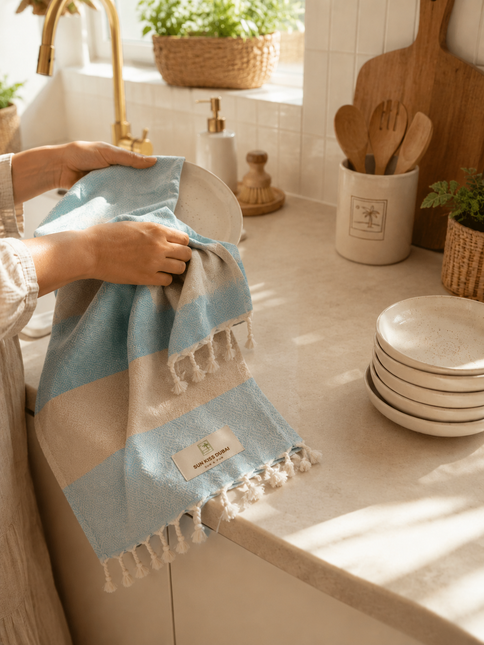 Turkish Cotton Hand Towel Baby Blue Stripes 45x90cm | Soft & Quick-Dry | SunKiss Dubai
