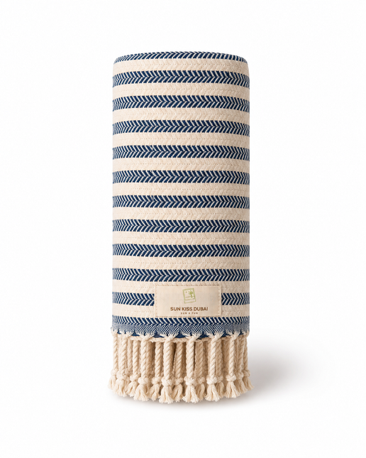 Turkish Cotton Hand Towel Indigo Blue Stripes 45x90cm | Soft & Quick-Dry | SunKiss Dubai
