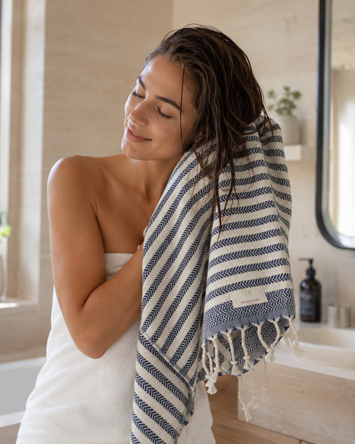 Turkish Cotton Hand Towel Indigo Blue Stripes 45x90cm | Soft & Quick-Dry | SunKiss Dubai