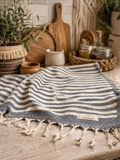 Turkish Cotton Hand Towel Indigo Blue Stripes 45x90cm | Soft & Quick-Dry | SunKiss Dubai