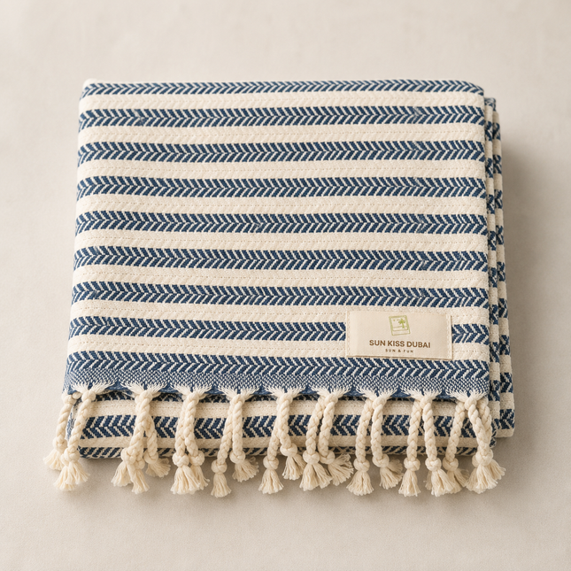 Turkish Cotton Hand Towel Indigo Blue Stripes 45x90cm | Soft & Quick-Dry | SunKiss Dubai