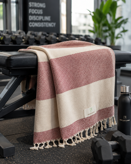 Turkish Cotton Hand Towel Maroon Zig-Zag 45x90cm | Soft & Quick-Dry | SunKiss Dubai