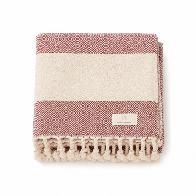 Turkish Cotton Hand Towel Maroon Zig-Zag 45x90cm | Soft & Quick-Dry | SunKiss Dubai