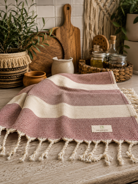 Turkish Cotton Hand Towel Maroon Zig-Zag 45x90cm | Soft & Quick-Dry | SunKiss Dubai
