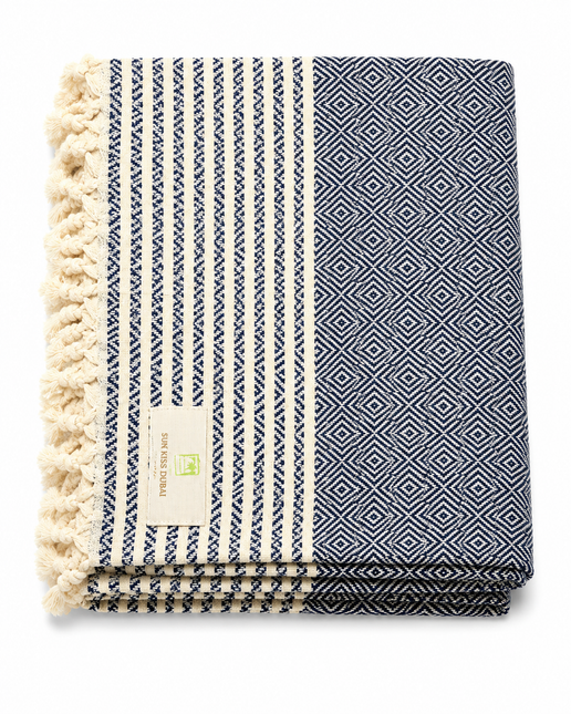 Turkish Cotton Hand Towel Navy Blue Pattern 45x90cm | Soft & Quick-Dry | SunKiss Dubai