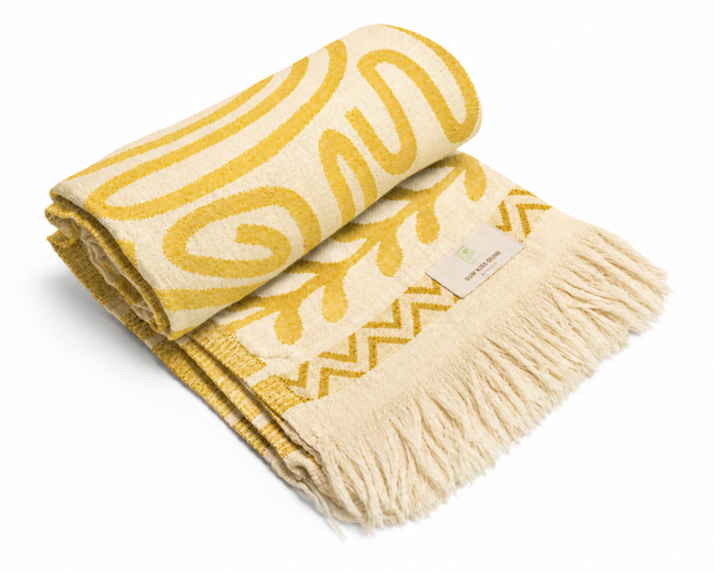 SunKiss Dubai Turkish Beach Towel – Bohemian Yellow Waves | 100 x 80 cm Cotton Towel