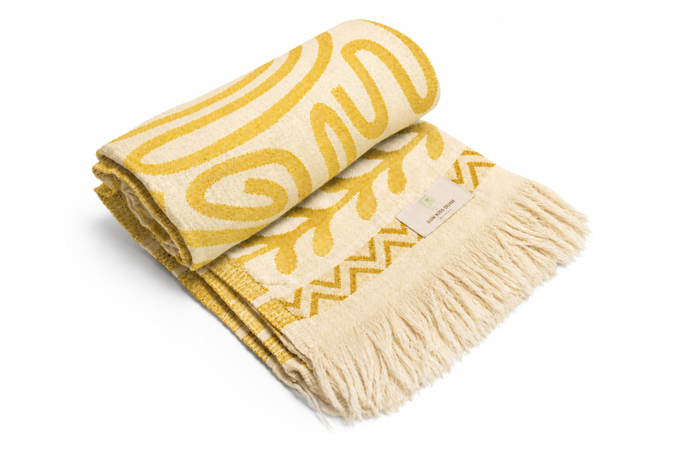 SunKiss Dubai Turkish Beach Towel – Bohemian Yellow Waves | 100 x 80 cm Cotton Towel