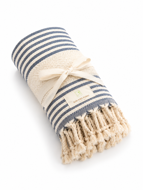 Turkish Cotton Hand Towel Navy Blue Stripes 45x90cm | Soft & Quick-Dry | SunKiss Dubai
