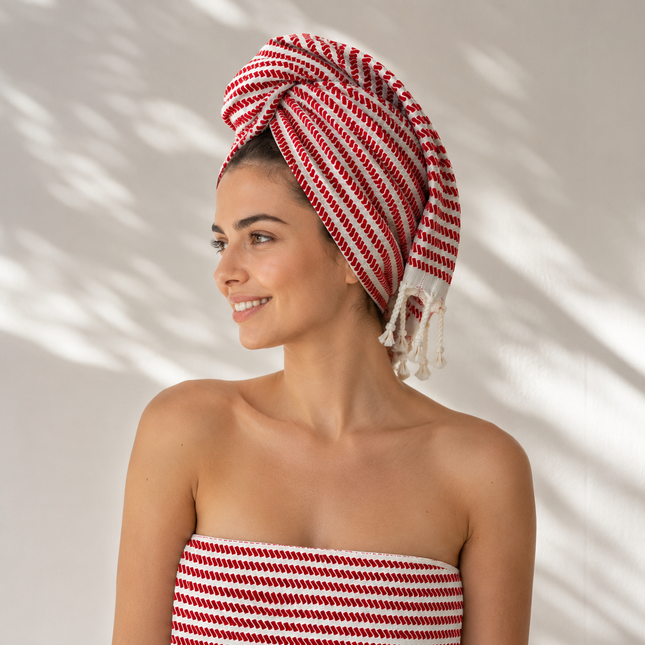 Turkish Cotton Hand Towel Red Stripes 45x90cm | Soft & Quick-Dry | SunKiss Dubai
