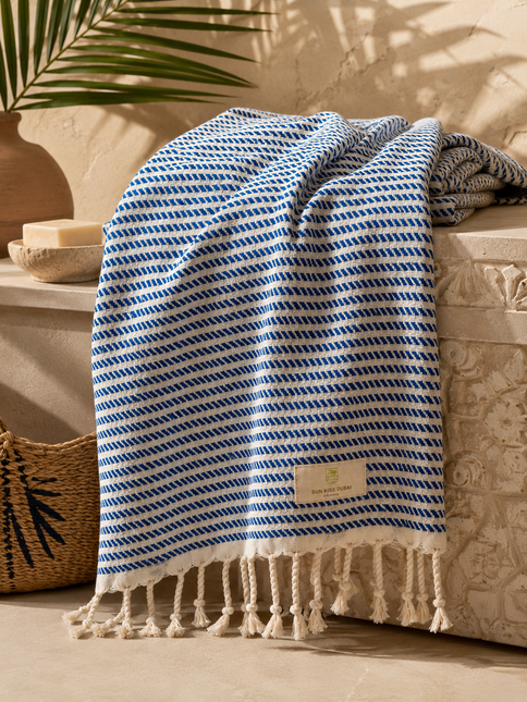 Turkish Cotton Hand Towel Blue Stripes 45x90cm | Soft & Quick-Dry | SunKiss Dubai
