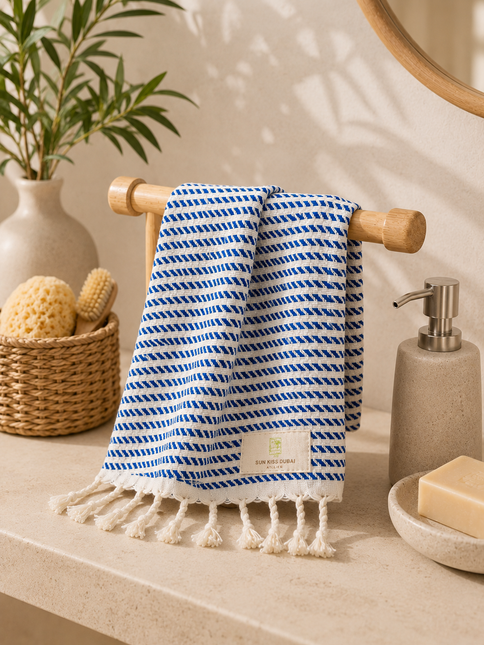 Turkish Cotton Hand Towel Blue Stripes 45x90cm | Soft & Quick-Dry | SunKiss Dubai