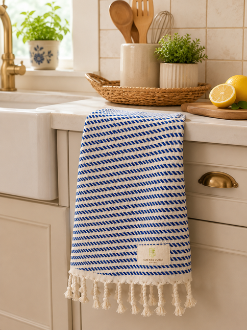 Turkish Cotton Hand Towel Blue Stripes 45x90cm | Soft & Quick-Dry | SunKiss Dubai