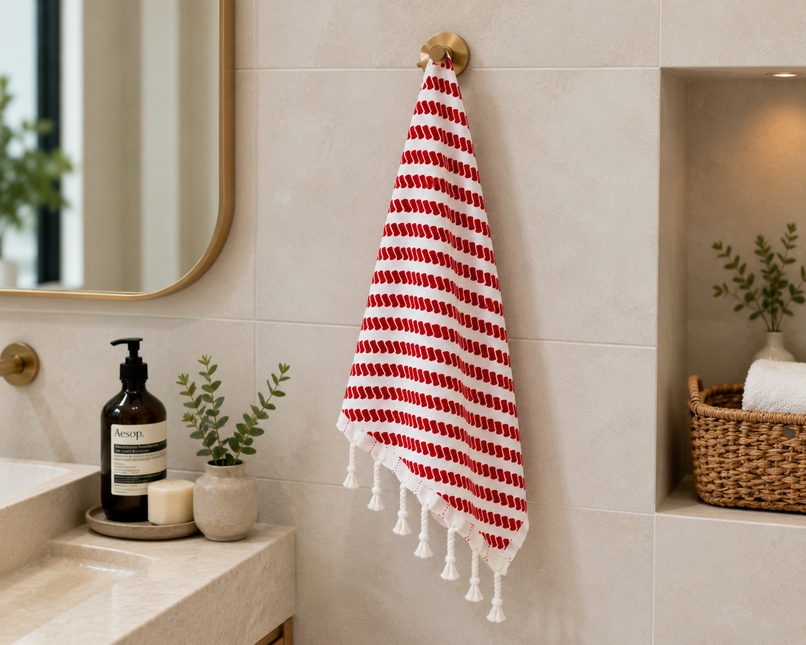 Turkish Cotton Hand Towel Red Stripes 45x90cm | Soft & Quick-Dry | SunKiss Dubai