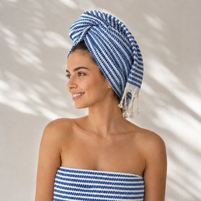 Turkish Cotton Hand Towel Blue Stripes 45x90cm | Soft & Quick-Dry | SunKiss Dubai