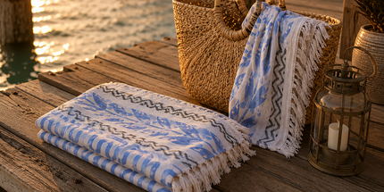 SunKiss Dubai Turkish Beach Towel – Bohemian Petrol Blue Waves | 100 x 80 cm Cotton Towel