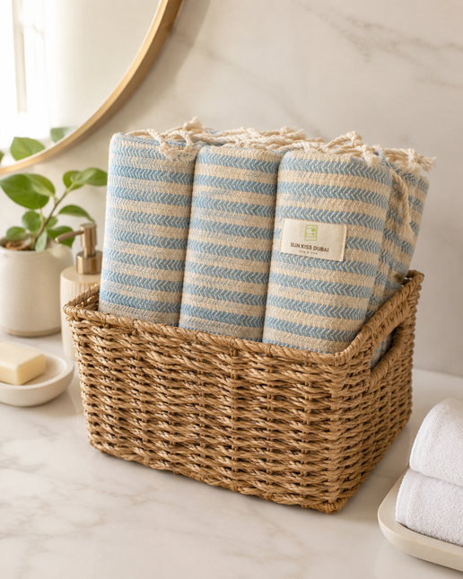 Turkish Cotton Hand Towel Sky Blue Stripes 45x90cm | Soft & Quick-Dry | SunKiss Dubai