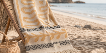 SunKiss Dubai Turkish Beach Towel – Bohemian Mustard Yellow Waves | 100 x 80 cm Cotton Towel