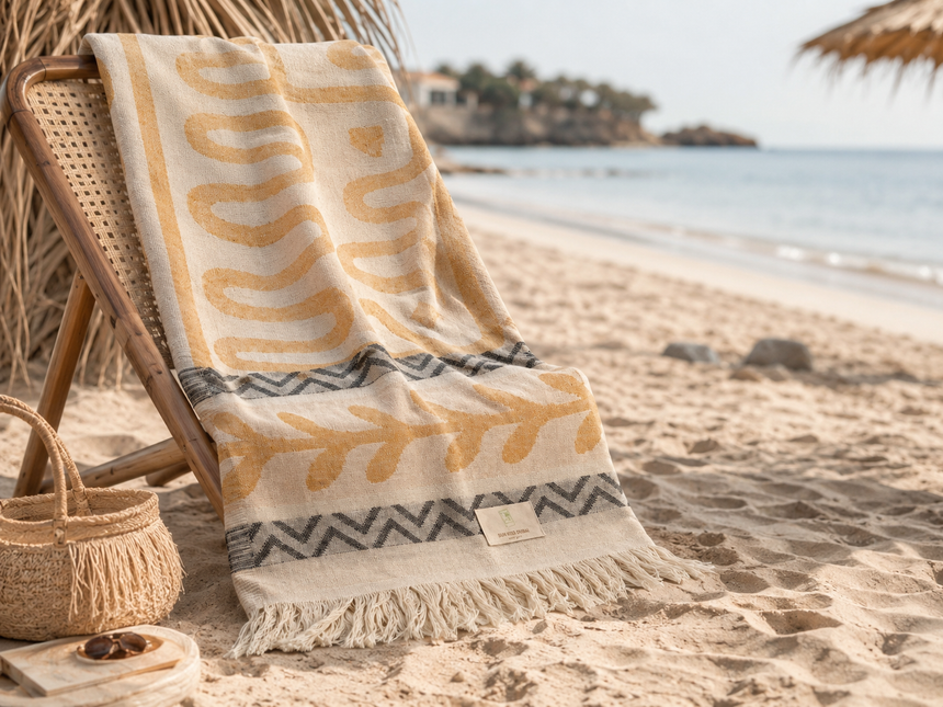 SunKiss Dubai Turkish Beach Towel – Bohemian Mustard Yellow Waves | 100 x 80 cm Cotton Towel