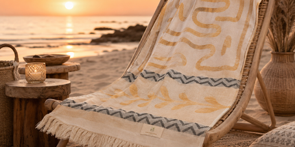 SunKiss Dubai Turkish Beach Towel – Bohemian Mustard Yellow Waves | 100 x 80 cm Cotton Towel